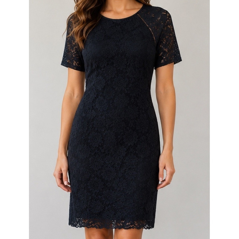 Lauren Ralph Lauren M Black Women's Sheath Solid Lace Dress Lined Black